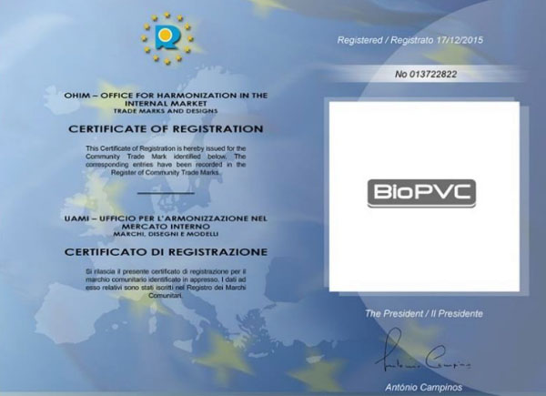 biopvc trademark Certificate of registration of BioPVC trademark in Europe